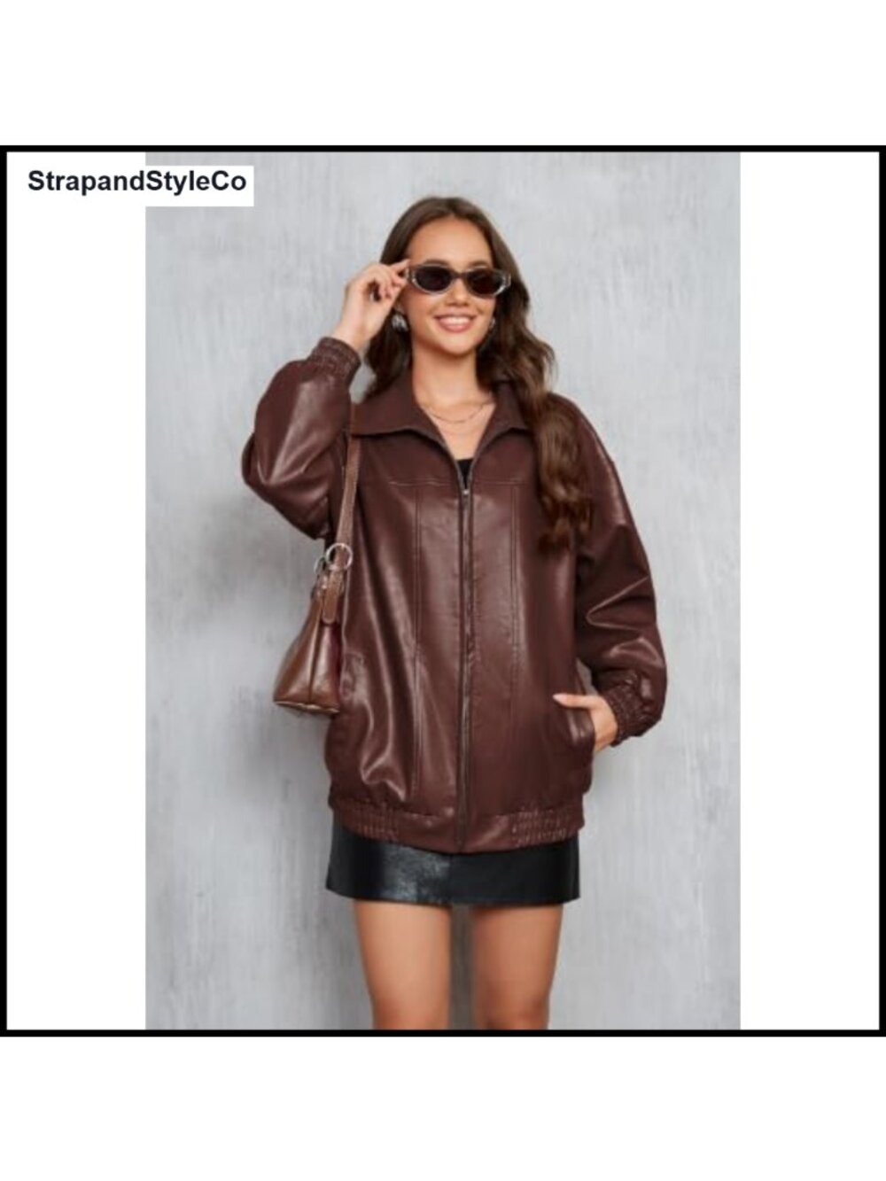Oversized Faux Leather Trench Coat Zip Ribbed Belted - Picture 3 of 5